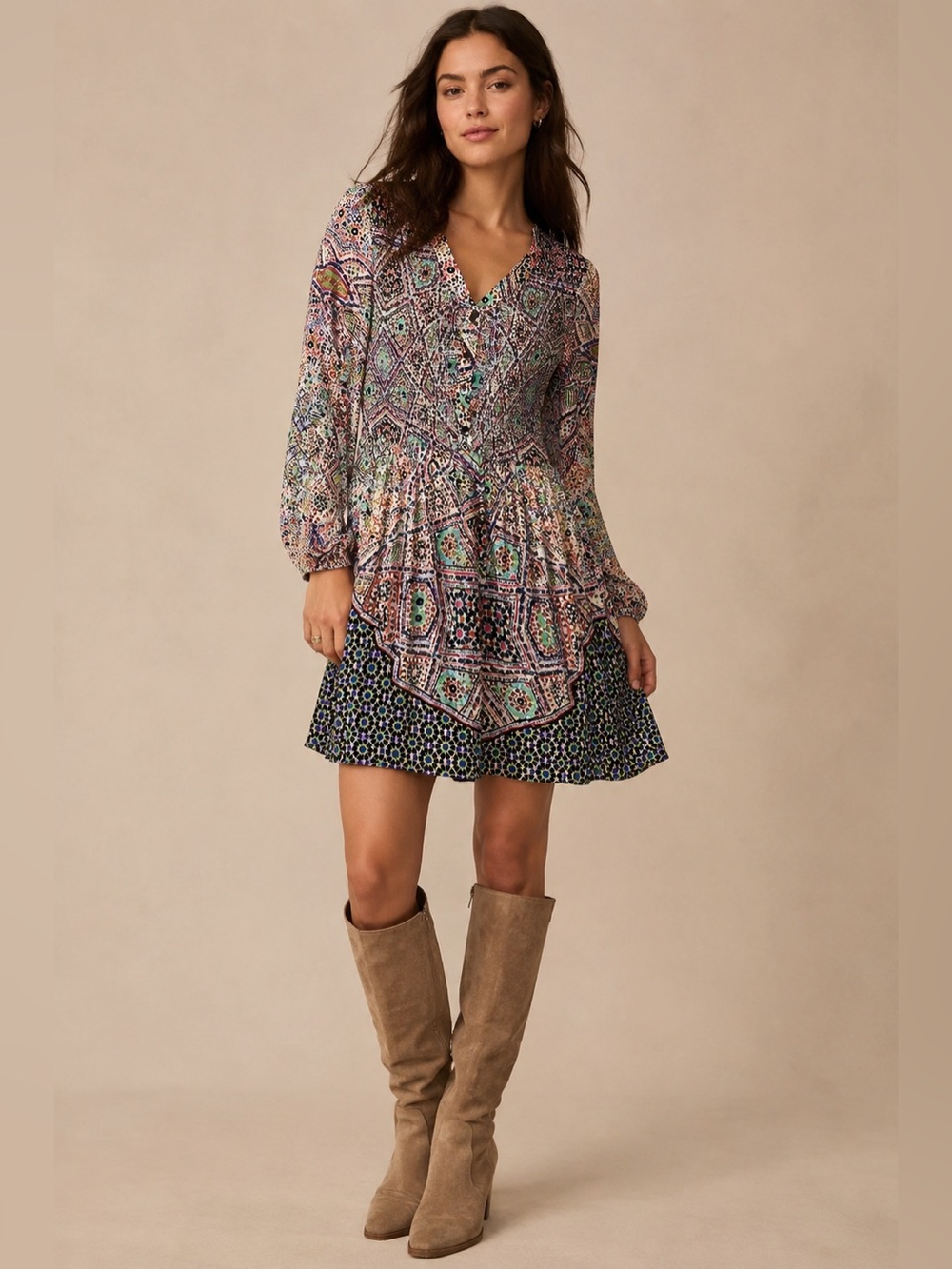 Maeve Anthropologie Smocked Tiled Amethyst Boho Mini Dress XS Petite